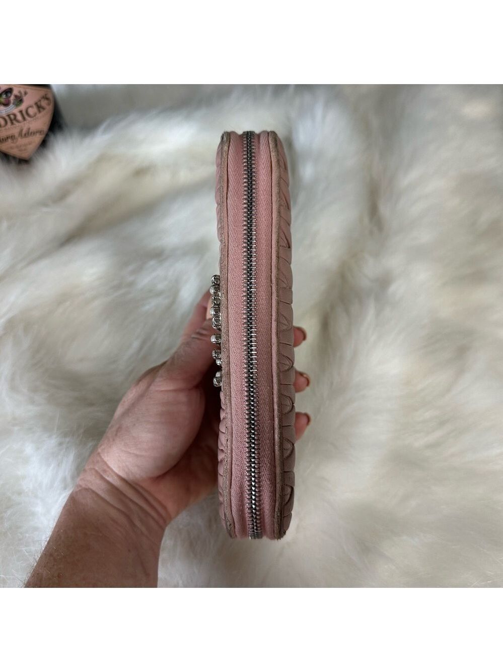 MIU MIU LOGO PEARL RHINESTONE MATELASSE LEATHER ZIPPY ZIP AROUND LONG WALLET - Picture 6 of 13